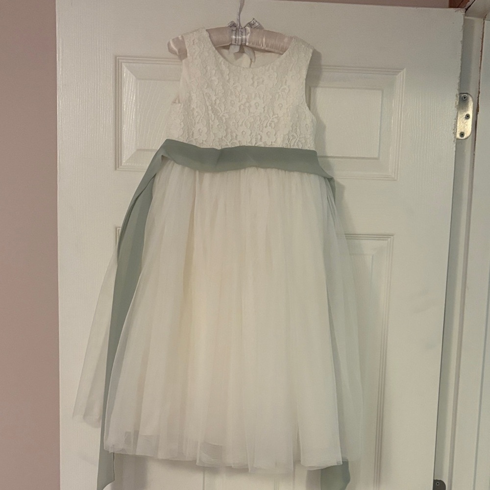 David's Bridal White and Green Formal Kids Dress